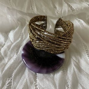 Open gold tone seed beads braided cuff adjustable bracelet